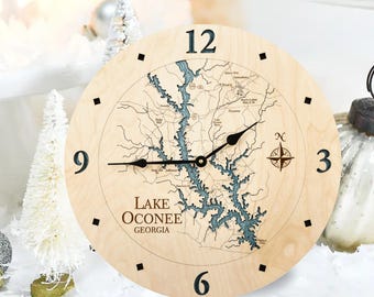 Lake Oconee 3D Wood Map Nautical Clock, Lake Art Carved Water Depth Clock, Unique Large Wall Clock, Lake House Décor, Personalized Lake Gift