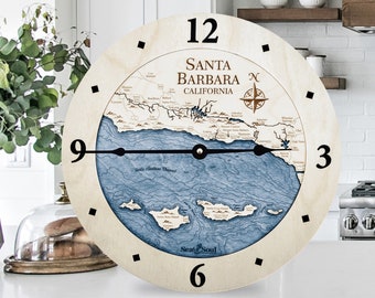 Santa Barbara Nautical 3D Map Wood Wall Clock, Large Nautical Clock, Channel Islands Clock, Coastal Wall Decor, Unique Personalized Gift