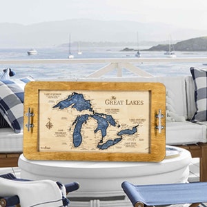 Great Lakes 3D Nautical Wood Map Wall Art & Serving Tray, Carved Lake ...