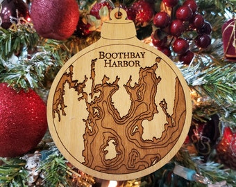 Boothbay Harbor Nautical Map Christmas Ornament, Coastal Christmas Wood Ornament,  Lake House Ornament, Hostess Gift, Personalized Gift