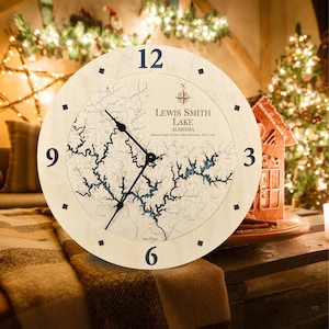 May include: A wooden clock with a map of Lewis Smith Lake, Alabama. The clock face is beige with black numbers and hands. The map is in shades of blue and white.
