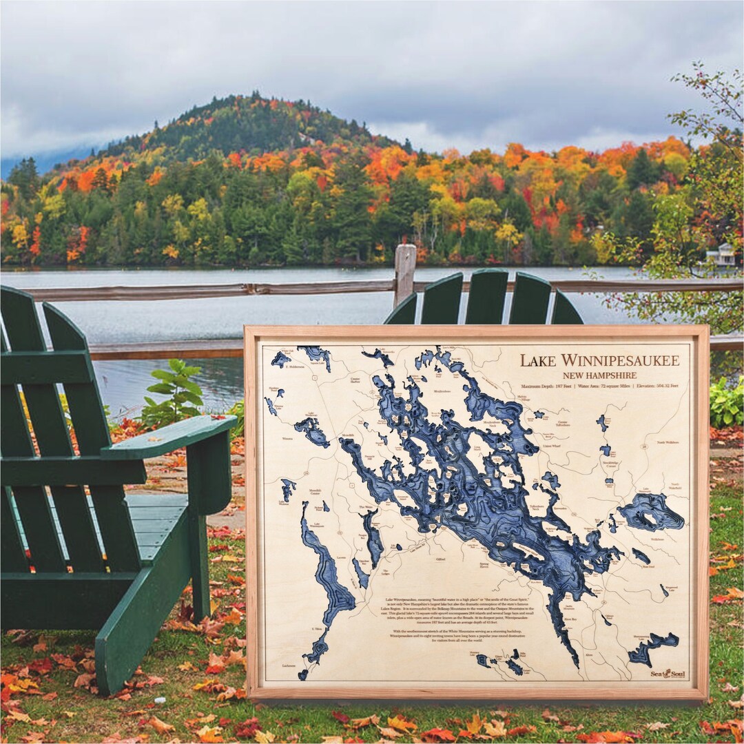 Lake Winnipesaukee Nautical Wall Art, 3D Wood Map Large Wall Clock