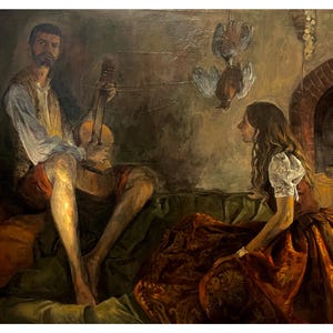 May include: An oil painting depicts a man playing a stringed instrument, seated near a woman in a red dress. Two hanging birds and an arched doorway are visible in the background. The artwork has a warm, muted color palette.