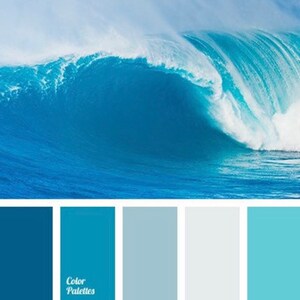 May include: A color palette inspired by a large ocean wave crashing against the shore. The palette features shades of blue, from deep teal to light turquoise.