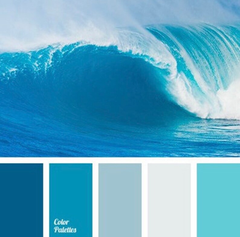 May include: A color palette inspired by a large ocean wave crashing against the shore. The palette features shades of blue, from deep teal to light turquoise.