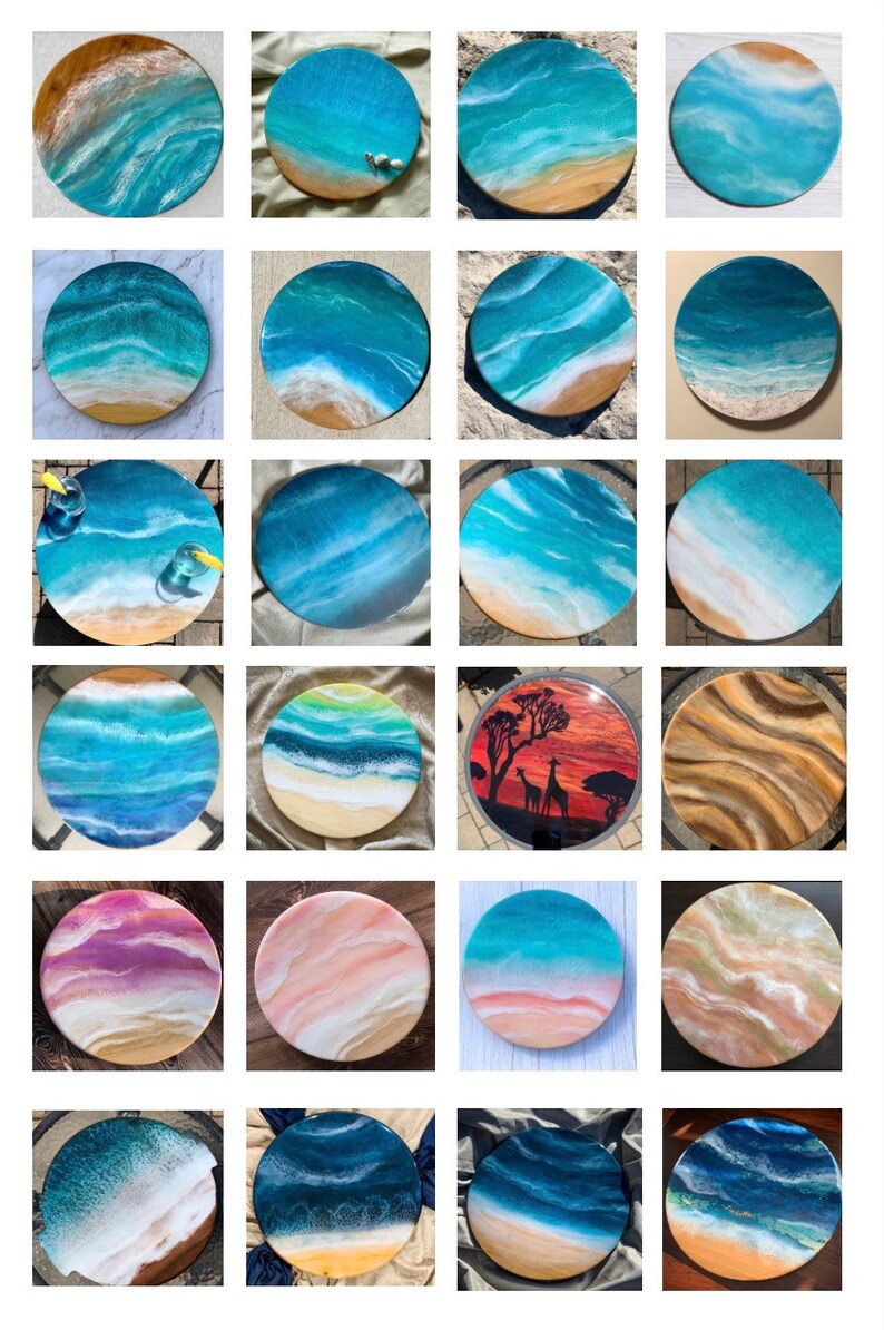 May include: A collection of round resin art pieces with ocean wave and beach scenes. Some pieces feature a wooden base, while others have a clear resin base. The colors are vibrant and the details are intricate.