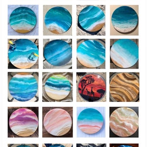 May include: A collection of 24 round resin art pieces with ocean and beach themes. The pieces feature various shades of blue, green, white, and brown, with some pieces depicting waves, sand, and seashells.
