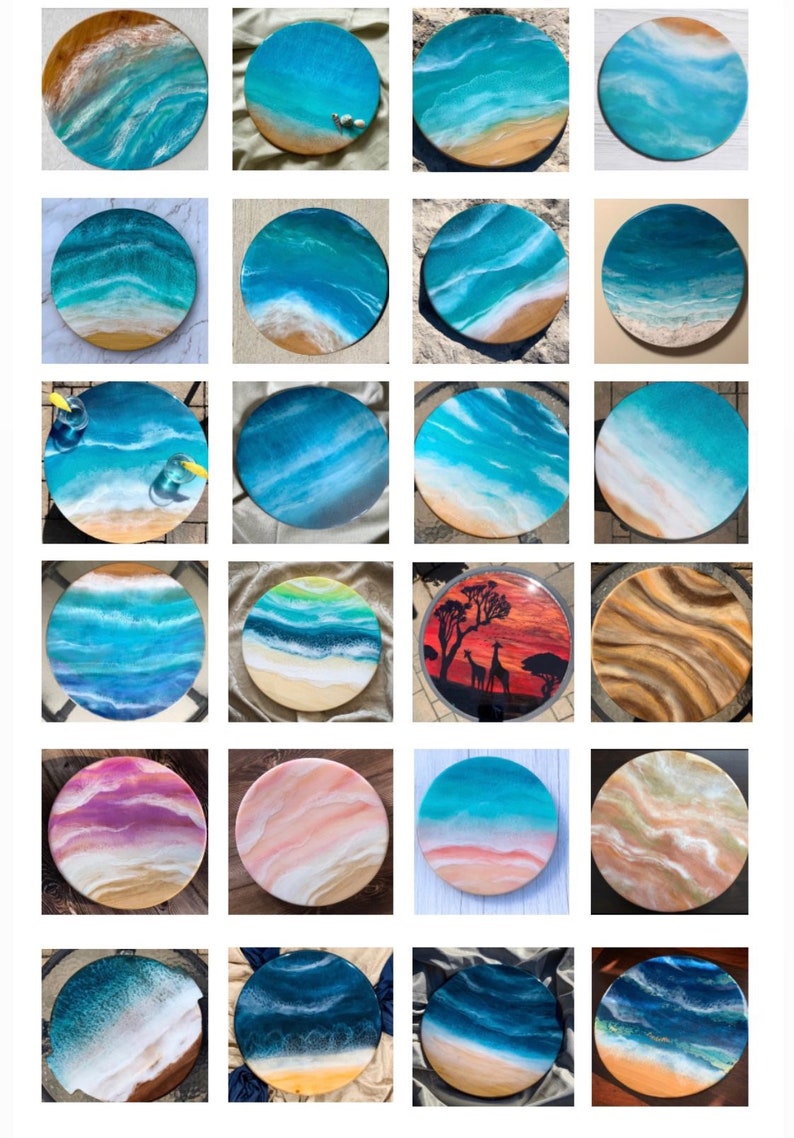 May include: A collection of 24 round resin art pieces with ocean and beach themes. The pieces feature various shades of blue, green, white, and brown, with some pieces depicting waves, sand, and seashells.