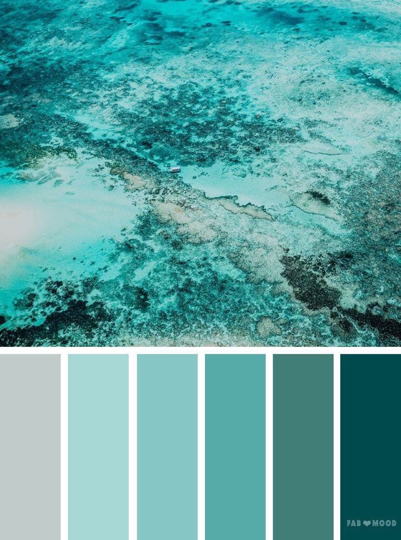 May include: An aerial view of a turquoise ocean with a white boat in the distance. The water is shallow and clear, revealing the coral reefs below. The color palette is a gradient of blues and greens, with a hint of gray in the sand.