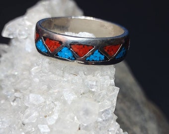 Turquoise and Coral Inlay Wedding Band Size 4.5