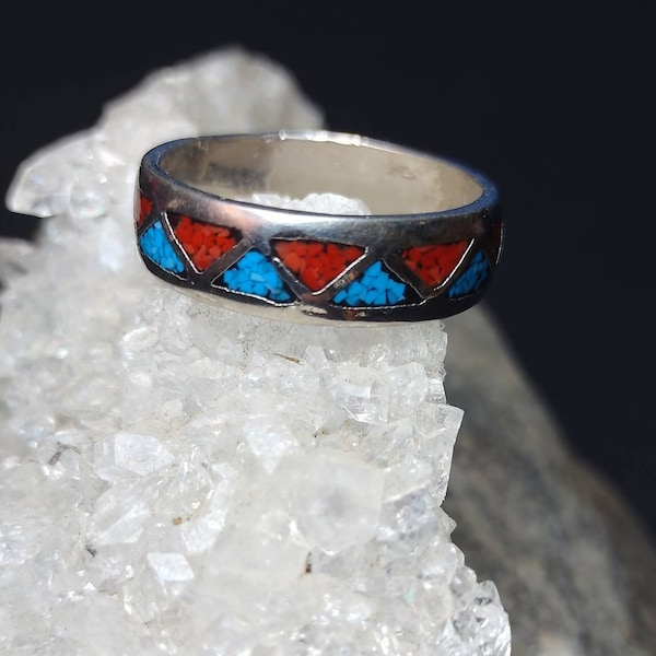 Turquoise and Coral Inlay Wedding Band Size 12