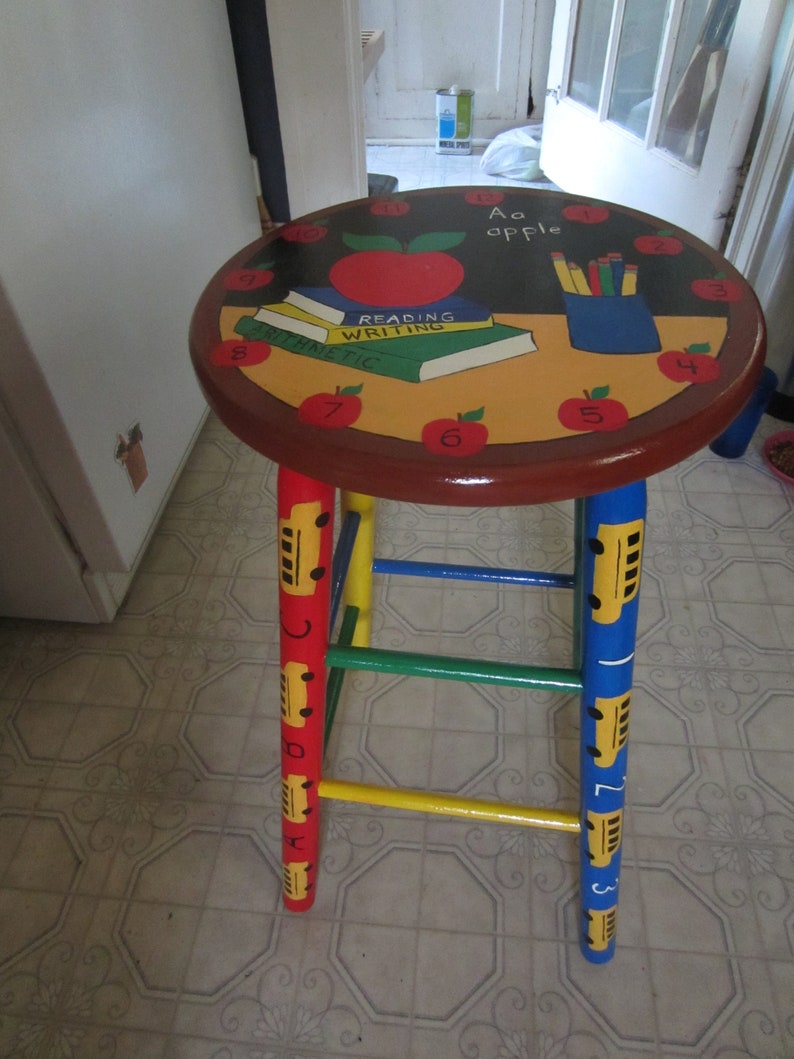 Painted Furniture School StoolHandpainted 24 tall SOLD