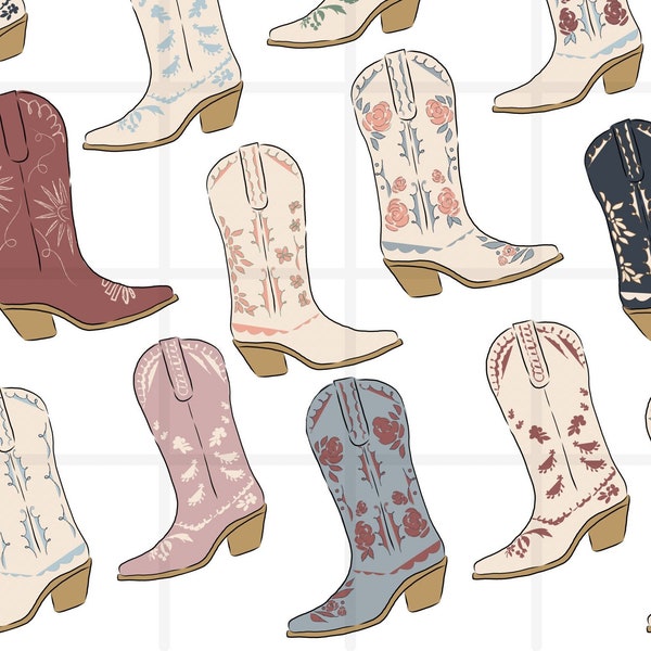 Imágenes prediseñadas de botas de vaquera, imágenes prediseñadas de botas de vaquero boho, lindos tonos tierra neutros del suroeste, gráficos vectoriales de ilustración de botas de vaquero boho