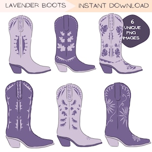 Clipart de botte de cow-girl, clipart bottes de cowboy modernes lavande, thème violet sud-ouest, graphiques vectoriels Illustration Western, dessins dessinés à la main