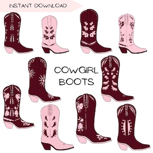 Clipart stivali da cowgirl, Clip art stivali da cowboy boho, Carino Borgogna sud-occidentale e rosa, Illustrazione grafica vettoriale stivali da cowboy boho