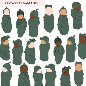 Pacchetto di clipart per neonati, pacchetto di clipart PNG con coperta verde smeraldo, illustrazione di ritratto senza volto di bambino e bambina, più tonalità della pelle