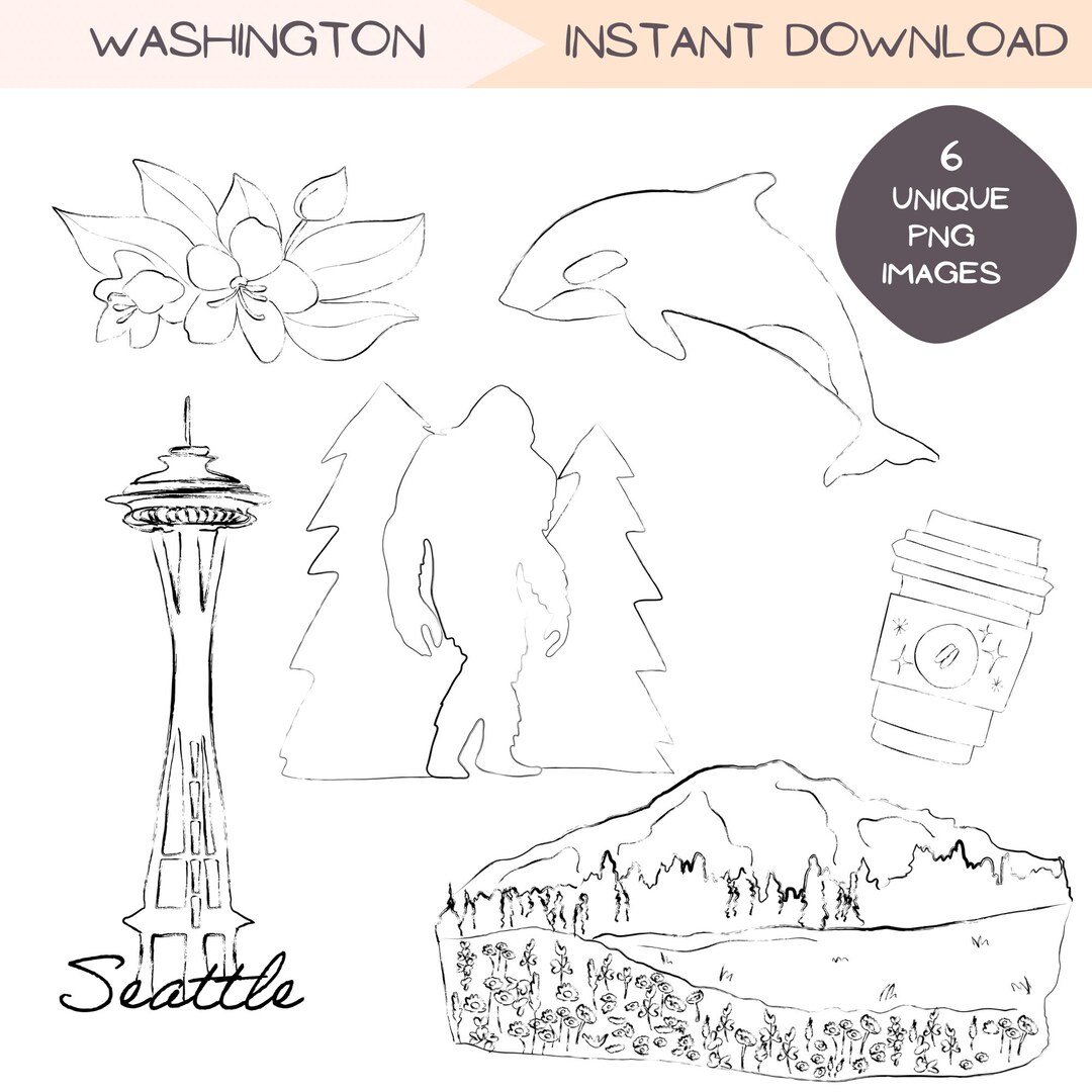 Washington State Symbols Clipart Pack, PNW Hand-drawn PNG Bundle ...