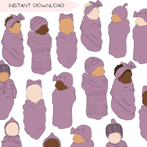 Pacchetto di clipart per neonati, pacchetto di clipart PNG con coperta viola prugna, illustrazione di ritratto di bambina senza volto, più tonalità della pelle