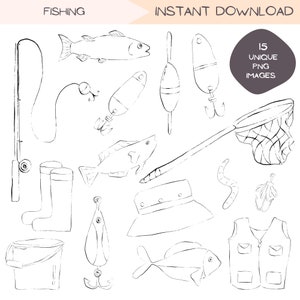 Paquete de imágenes prediseñadas de pesca, diseños de imágenes prediseñadas de pescadores, arte lineal del día del padre, ilustración dibujada a mano, blanco y negro, PNG transparente