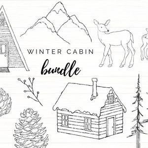 Winter Forest Clip Art bundel, handgetekende natuur PNG, minimalistische illustratie bosrijke inktschets, zwart-wit dennenboom zeer fijne tekeningen
