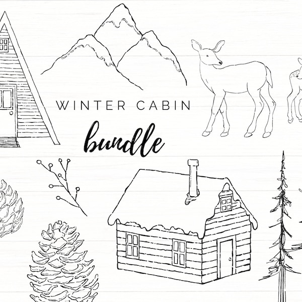 Winter Forest Clip Art Bundle, Hand Drawn Nature PNG, Minimalist Illustration Woodland Ink Sketch, Black and White Pine Tree Line Art