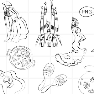 Pacote de clipart da Espanha, designs de clip art de viagens espanholas, arte de linha minimalista, ilustração simples desenhada à mão, designs em preto e branco, PNG