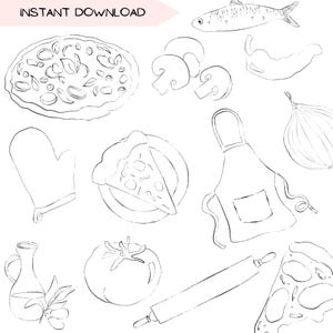 以下が含まれることがあります： ピザ作りに必要な様々な材料と道具を白黒の線画で描いたイラスト。イラストには、ピザ、ピザの1切れ、麺棒、トマト、キノコ、玉ねぎ、魚、エプロン、オイルボトル、オリーブの枝、オーブンミットが含まれています。