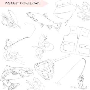 Paquete de imágenes prediseñadas de pesca con mosca, diseños de imágenes prediseñadas de pescadores, arte lineal para el Día del Padre, ilustración dibujada a mano, blanco y negro, PNG transparente