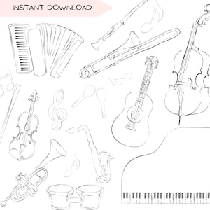Musical Instruments Line Art Clip Art Bundle, Band Clipart PNG, Icons for Music Theme Party Invitations, Hand Drawn Illustration