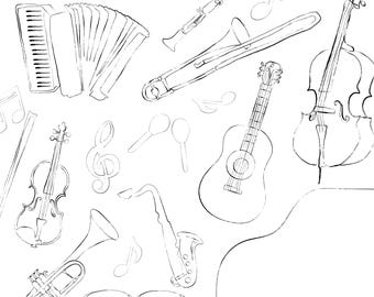 Musical Instrument Clip Art PNG Pack, Music Class Hand-Drawn Line Art, Band Sketches, Digital Graphics Bundle, Digital Download DIY Crafts