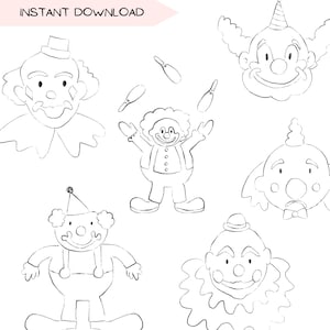 Cute Clowns Clipart, Prosty Ręcznie Rysowany Cyrk Estetyczny Clip Art Bundle, Przezroczyste PNG Cyfrowe Pobieranie, Rysunki Linii Do Wydrukowania Kolorowanki