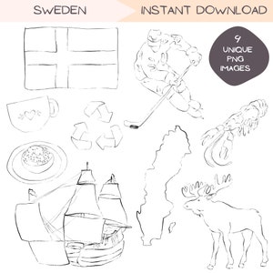 Zweden clipart bundel, Zweedse reizen clip art ontwerpen, Viking schip minimalistische lijntekeningen, eenvoudige hand getrokken illustratie, Fika koffie PNG