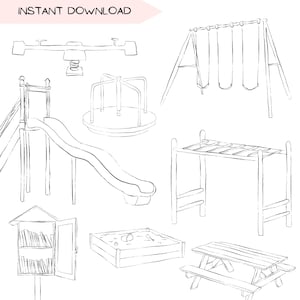 Bundle de cliparts aire de jeux, balançoires toboggan clip art designs, dessin au trait été, illustration dessinée à la main, noir et blanc, PNG transparent