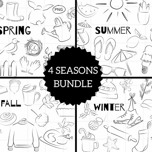 4 Seasons Line Art Clip Art Bundle, Clipart PNG, Simple Minimalist Hand Drawn Seasonal Illustration, Winter, Spring, Summer, Fall, Printable