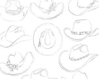 May include: A set of nine black and white line drawings of cowboy hats. The hats are all different styles, with some having decorative details like bands, tassels, and flowers.
