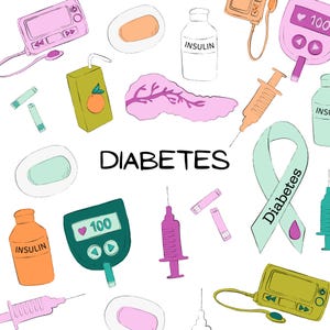 May include: An illustration with the word "DIABETES" surrounded by medical supplies. The image includes insulin bottles, syringes, glucose meters, juice boxes, and a ribbon with the word "Diabetes". The color palette is pastel.