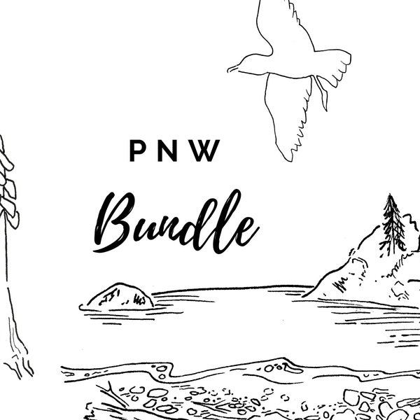 Pacific Northwest Clip Art Bundle,  PNW Nature Ink Landscape Line Clipart, Redwood Forest Hand Drawn Illustration, Black and White, PNG