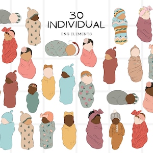 Neugeborenen Baby Clip Art Bundle, moderne Boho Farben 30 PNG Clipart Bundle, Mädchen und Junge gesichtslose Porträt Illustration, mehrere Hauttöne