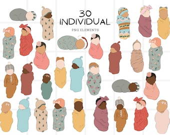 Newborn Baby Clipart PNG Bundle, Hand-drawn Faceless Portraits, Boho 30 PNG Designs, Digital Download Baby Girl, Infant Drawing Printable