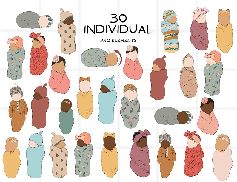 Newborn Baby Clipart PNG Bundle, Hand-drawn Faceless Portraits, Boho 30 ...