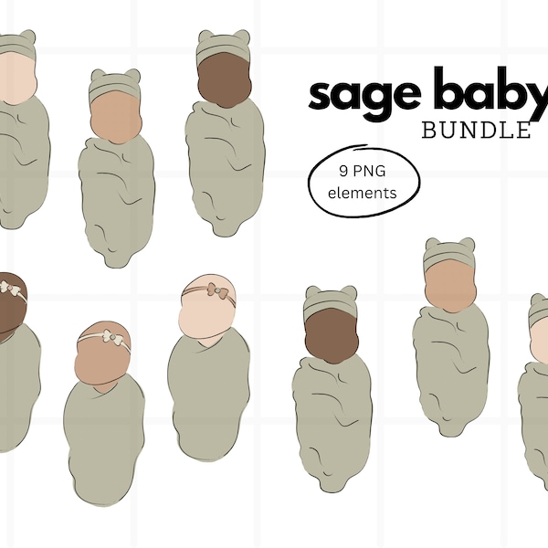 Newborn Baby Clip Art Bundle, Sage Green Gender Neutral Girl Boy Vector Illustration, Faceless Portrait Clipart, PNG Minimalist Design