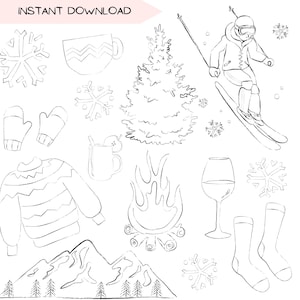 Bundle de cliparts après-ski, ski, snowboard, cocktails, feu de camp, dessin au trait confortable illustration, arrière-plan transparent PNG