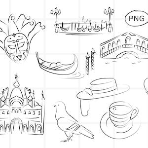 Pacchetto di clipart di Venezia, disegni di clip art di viaggio veneziani, linea arte minimalista, semplice illustrazione disegnata a mano, disegni in bianco e nero, PNG