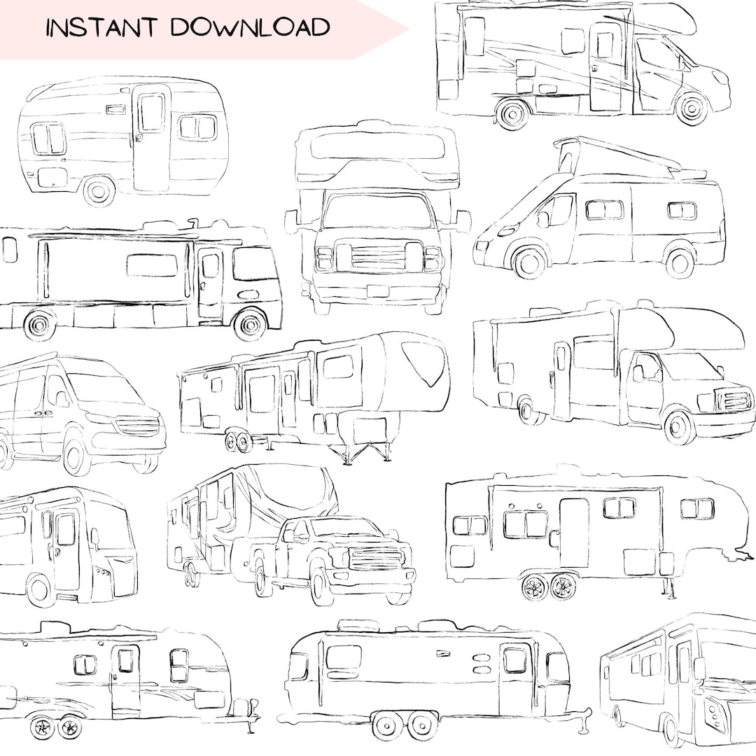 RV Camper Clipart Bundle, Camper Van Sketch, Class A Drawing, Trailer ...
