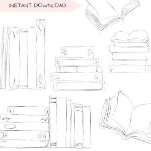 Bücher Clip Art Bundle - Handgezeichnete Line Art PNG Bilder für digitalen Download, Scrapbooking, Einladungen, Drucke & mehr literarische Illustrationen