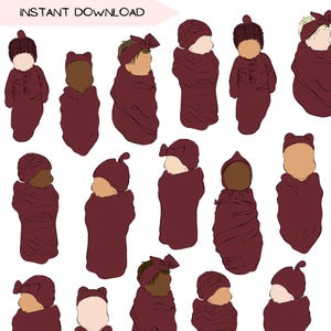 Pacchetto di clipart per neonati, pacchetto di clipart PNG con coperta bordeaux, illustrazione di ritratto senza volto di un neonato, diverse tonalità della pelle