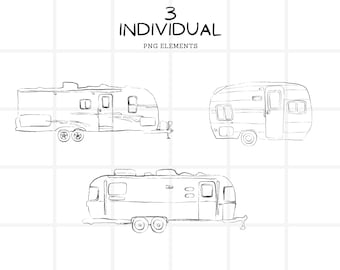 May include: Three individual PNG elements of travel trailers are depicted in a sketch style. The text "3 INDIVIDUAL PNG ELEMENTS" is at the top. The trailers vary in design, with wheels and doors visible.