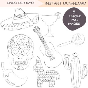 Bundle d'art clip Cinco de Mayo, Clipart Fiesta, dessin au trait Margarita, Piñata, Chiles, Sombrero, dessins PNG, Illustrations dessinées à la main