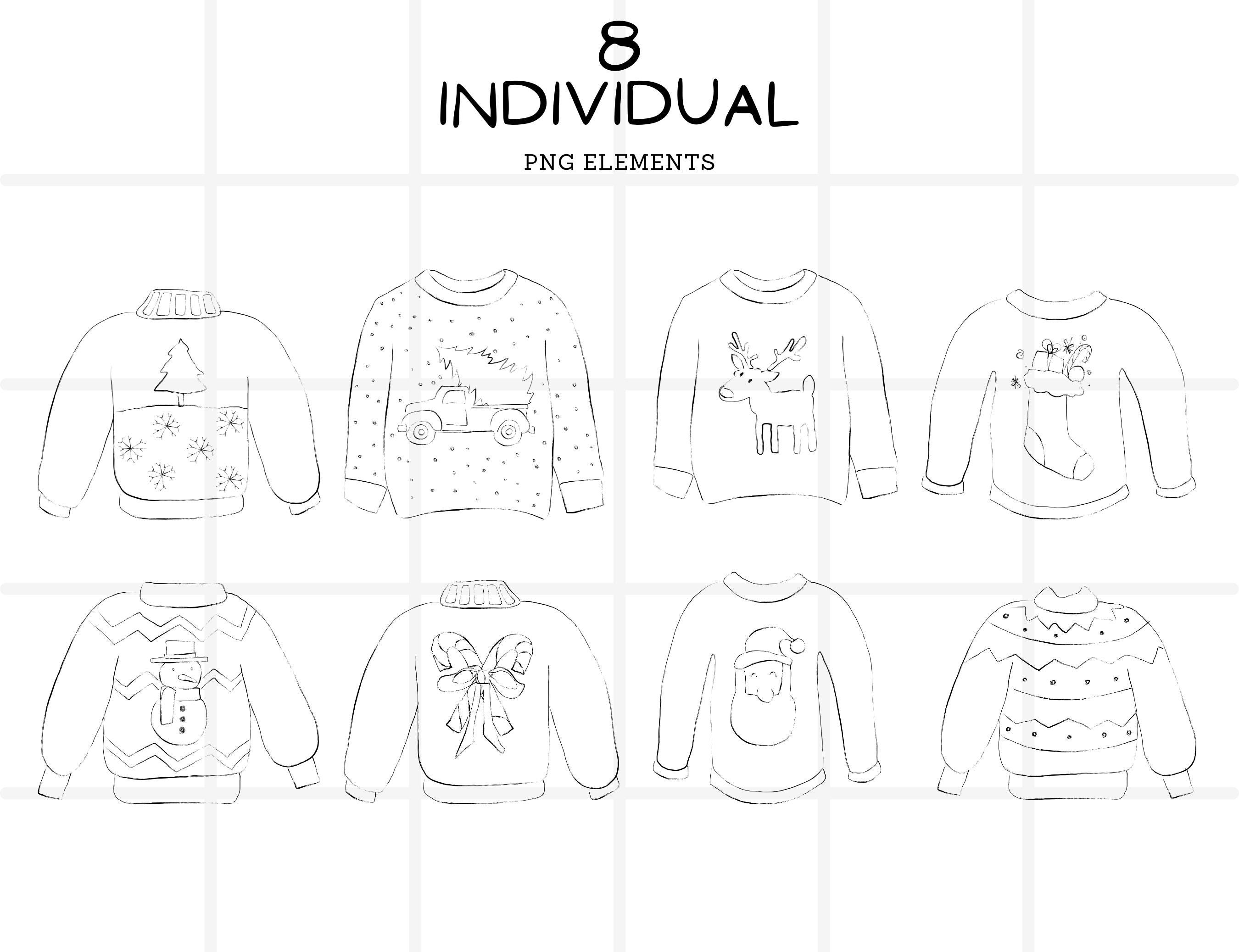 Ugly Christmas Sweater PNG Clipart Bundle, Hand-drawn Artwork, Simple ...