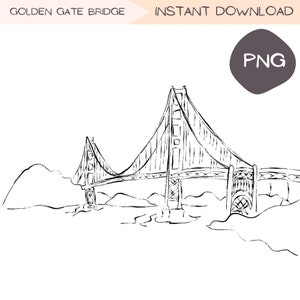 Golden Gate Bridge Clip Art, San Francisco Californie dessiné à la main Art Illustration, Art minimaliste noir et blanc, conception numérique PNG